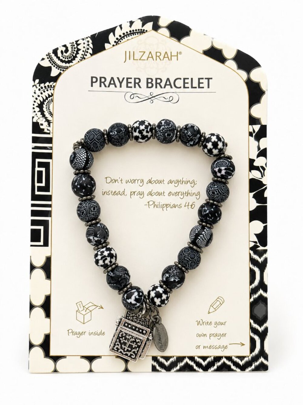 JILZARAH Prayer Bracelet Black White Beaded Philippians 4:6 NWT